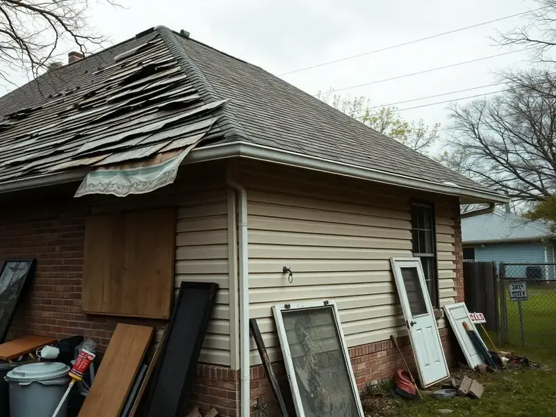 Oklahoma City metro house with roof damage, water-stained siding and a boarded window, sold as-is