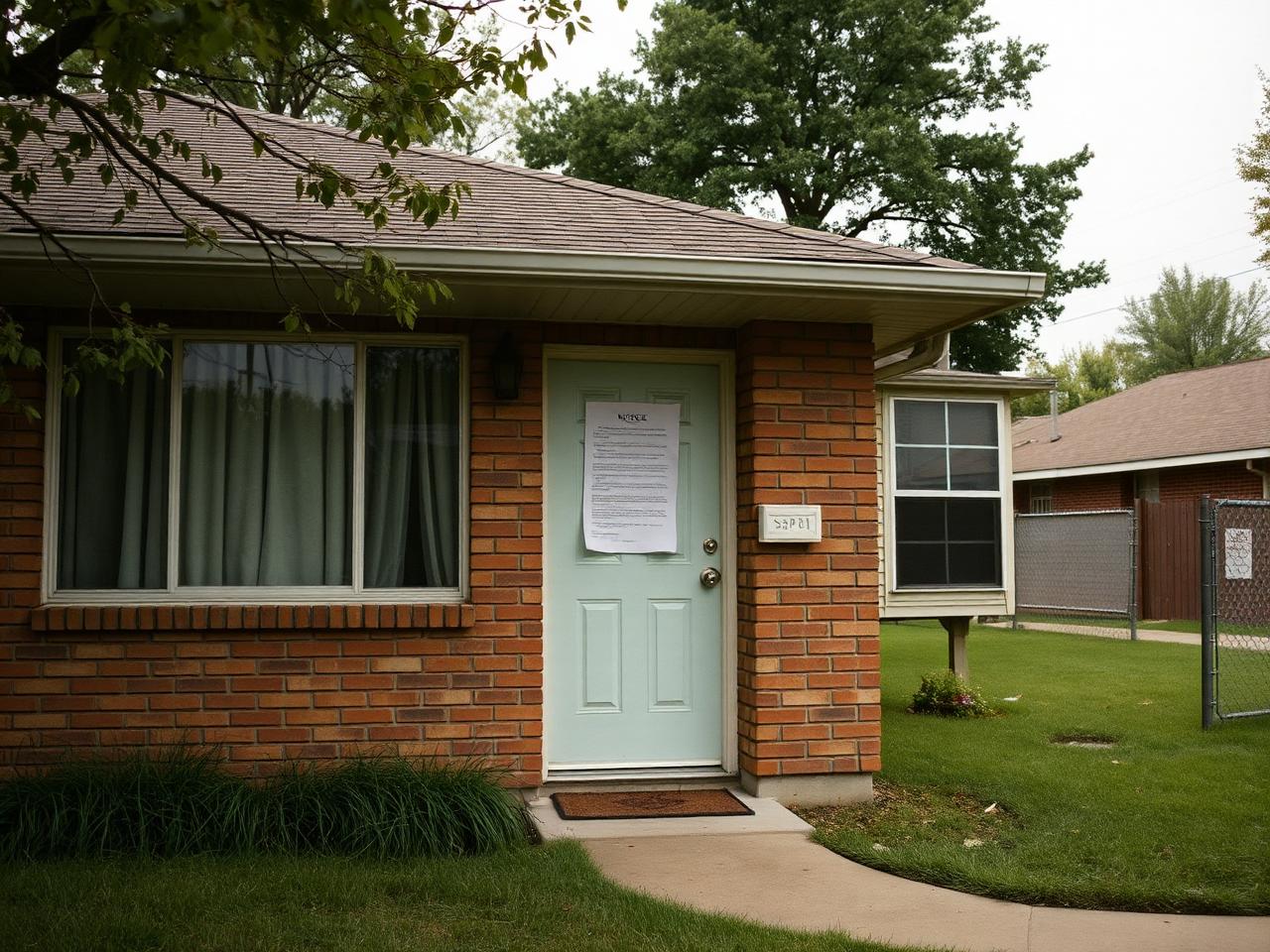 Single-story brick home in the Oklahoma City metro with a notice taped to the front door, facing foreclosure