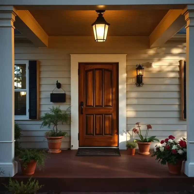Welcoming front porch with the porch light on at an older home in the Oklahoma City metro