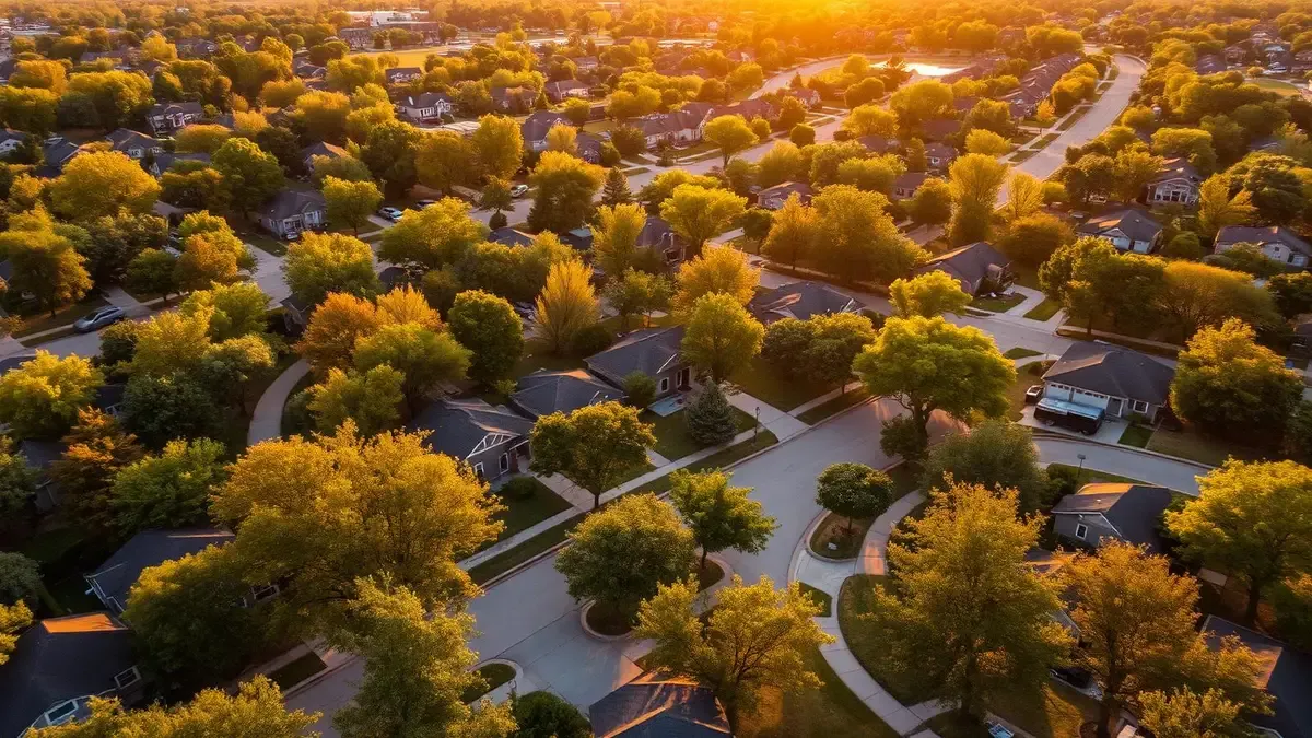 Aerial view of an Oklahoma City metro neighborhood at golden hour